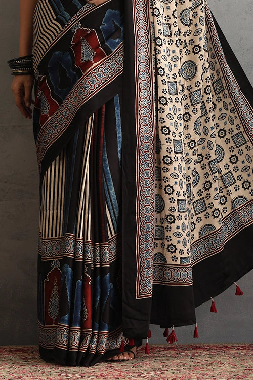 TENAARO Chromatic Black Ajrakh Hand Block Printed Modal Silk Saree