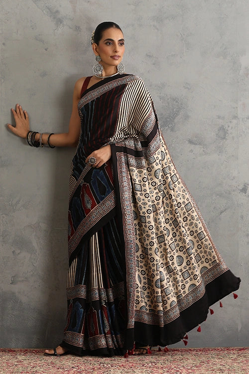 TENAARO Chromatic Black Ajrakh Hand Block Printed Modal Silk Saree