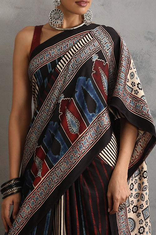 TENAARO Chromatic Black Ajrakh Hand Block Printed Modal Silk Saree