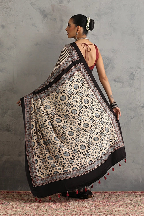 TENAARO Chromatic Black Ajrakh Hand Block Printed Modal Silk Saree