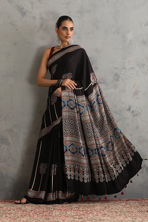 TENAARO Lotus Black Ajrakh Hand Block Printed Modal Saree