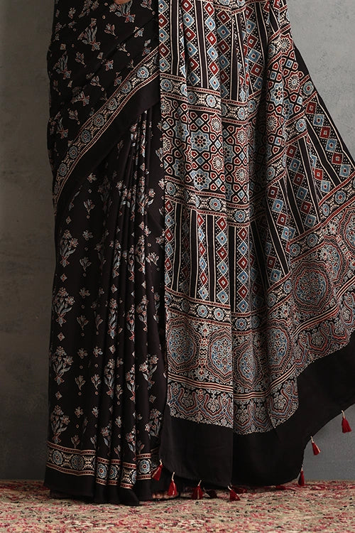 TENAARO Floral Black Ajrakh Hand Block Printed Modal Silk Saree