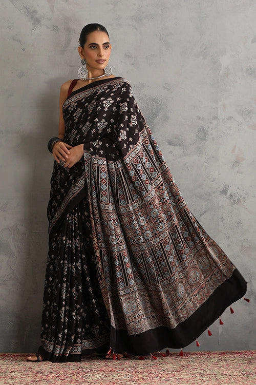 TENAARO Floral Black Ajrakh Hand Block Printed Modal Silk Saree