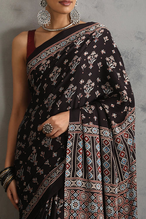TENAARO Floral Black Ajrakh Hand Block Printed Modal Silk Saree