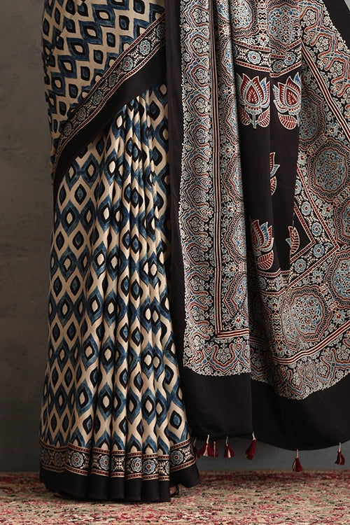 TENAARO Geomatric Black Ajrakh Hand Block Printed Modal Silk Saree
