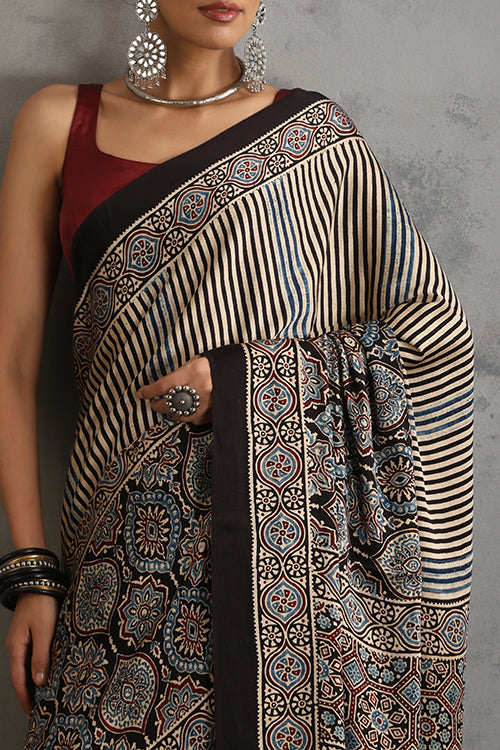 TENAARO Striped Black Ajrakh Hand Block Printed Modal Silk Saree