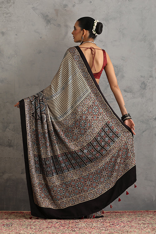 TENAARO Striped Black Ajrakh Hand Block Printed Modal Silk Saree
