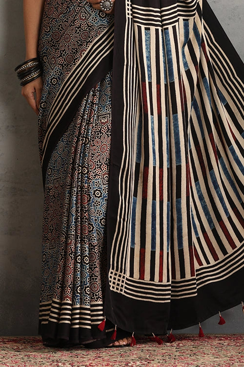 TENAARO Timeless Black Ajrakh Hand Block Printed Modal Silk Saree