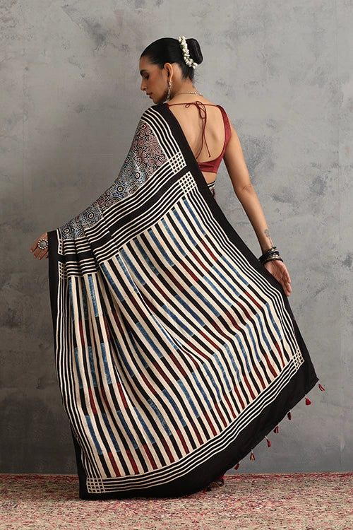 TENAARO Timeless Black Ajrakh Hand Block Printed Modal Silk Saree