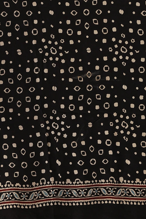 TENAARO Abstrac Black Ajrakh Hand Block Printed Modal Silk Saree
