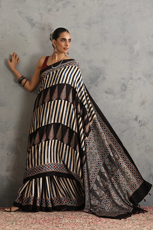 TENAARO Floral Geometry Black Ajrakh Hand Block Printed Modal Silk Saree