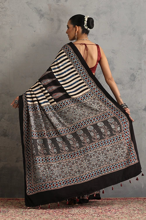 TENAARO Floral Geometry Black Ajrakh Hand Block Printed Modal Silk Saree