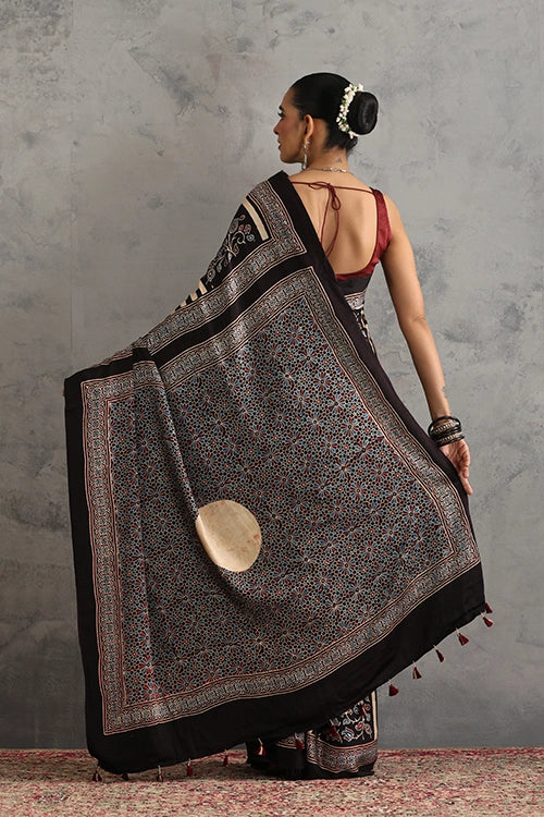 TENAARO Moon Black Ajrakh Hand Block Printed Modal Silk Saree