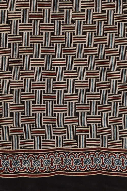 TENAARO Moon Black Ajrakh Hand Block Printed Modal Silk Saree
