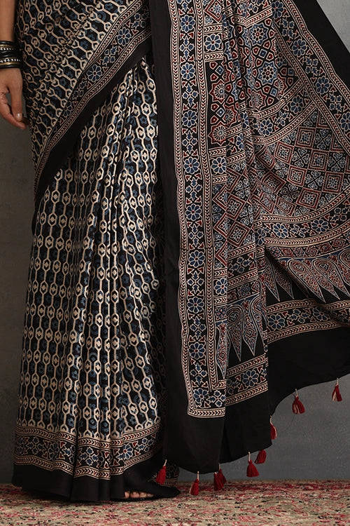 TENAARO Interlace Black Ajrakh Hand Block Printed Modal Silk Saree