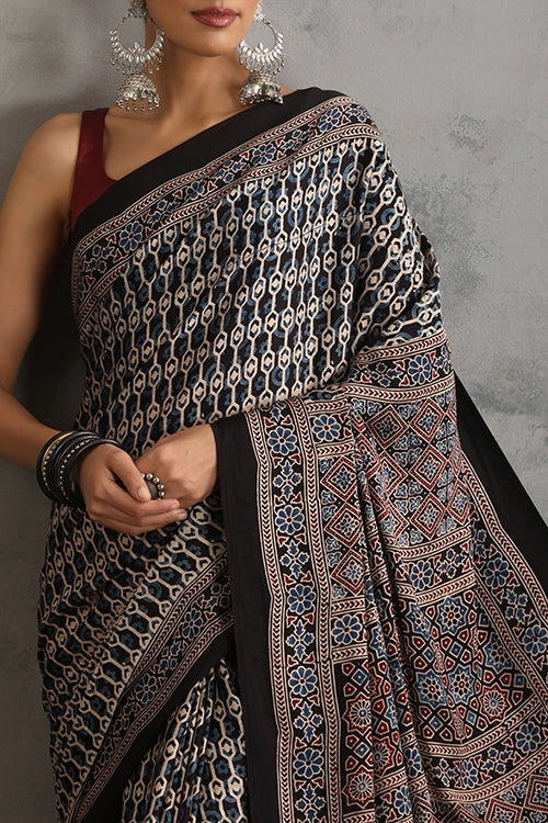 TENAARO Interlace Black Ajrakh Hand Block Printed Modal Silk Saree