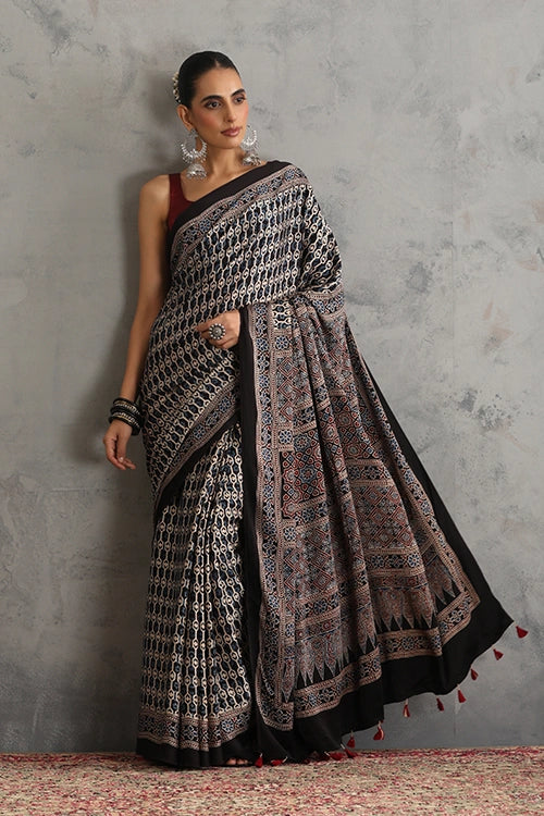TENAARO Interlace Black Ajrakh Hand Block Printed Modal Silk Saree