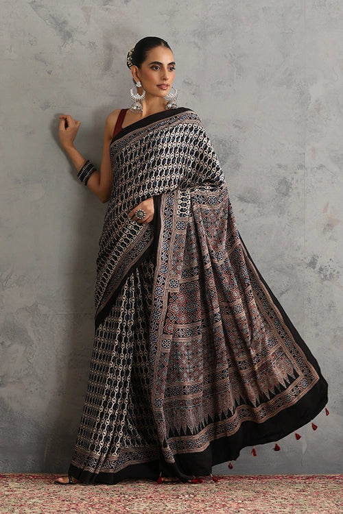 TENAARO Interlace Black Ajrakh Hand Block Printed Modal Silk Saree