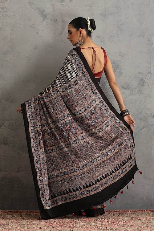 TENAARO Interlace Black Ajrakh Hand Block Printed Modal Silk Saree