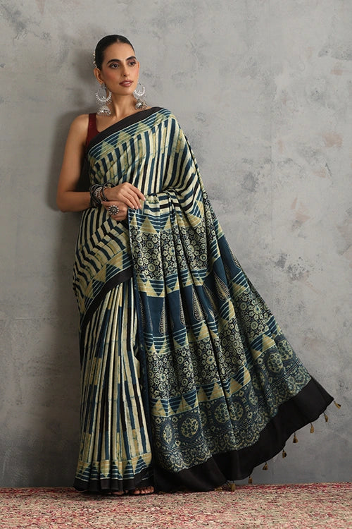 TENAARO Striped Neavy Blue Ajrakh Hand Block Printed Modal Silk Saree