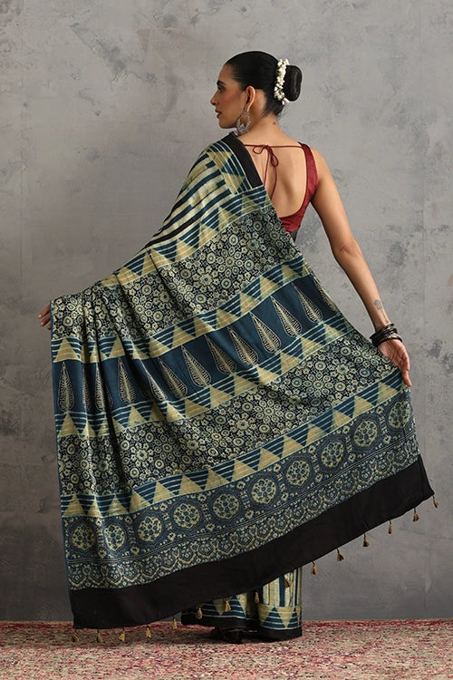 TENAARO Striped Neavy Blue Ajrakh Hand Block Printed Modal Silk Saree