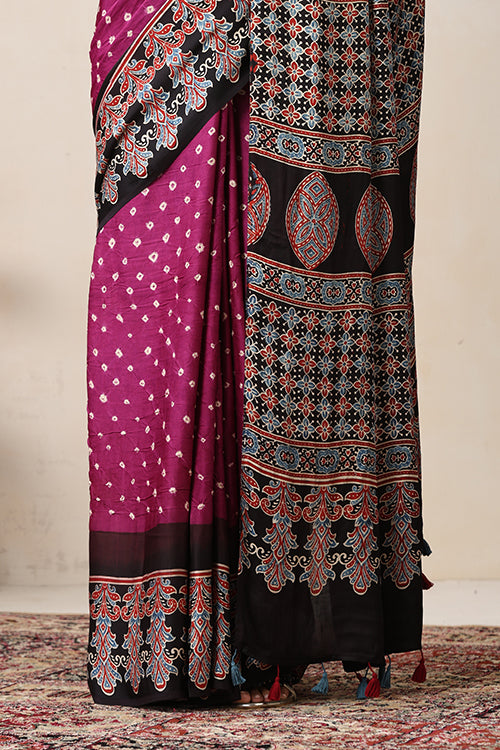 Jahangir Khatri - Black & Magenta Ajrakh & Bandhani Modal Saree