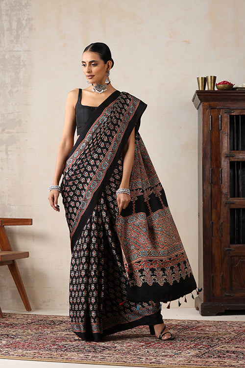 Jahangir Khatri - Black Ajrakh Modal Saree