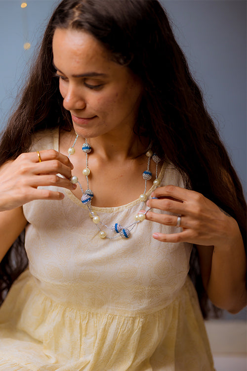 Samoolam Handmade Crochet Nakshatra Moon Necklace - Silver Blue Beads