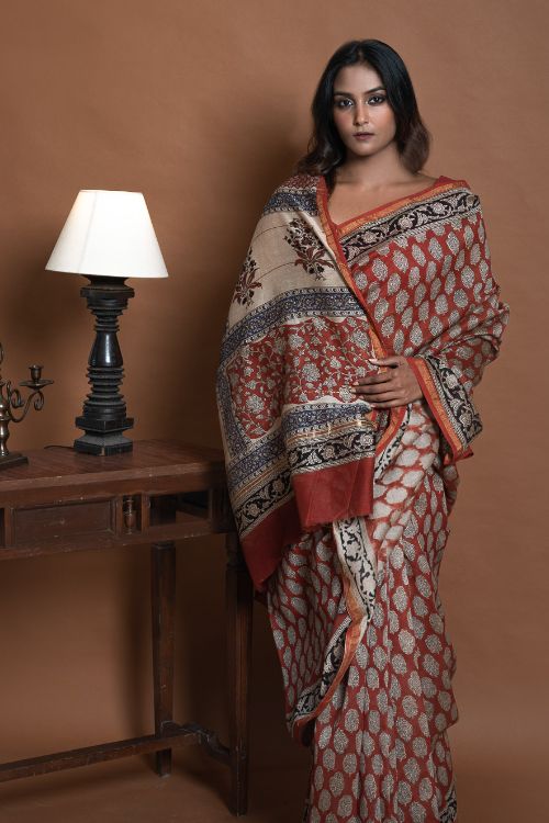 ICH Chanderi Elegance. Bagru Hand Block Printed Saree - Red & Beige Florets