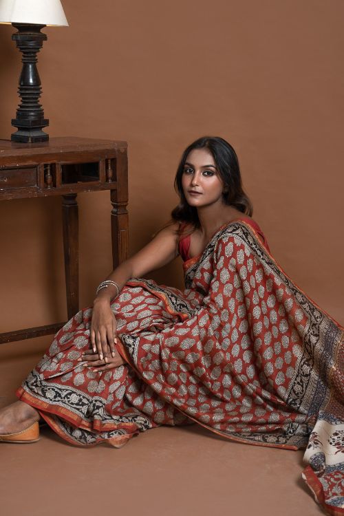 ICH Chanderi Elegance. Bagru Hand Block Printed Saree - Red & Beige Florets