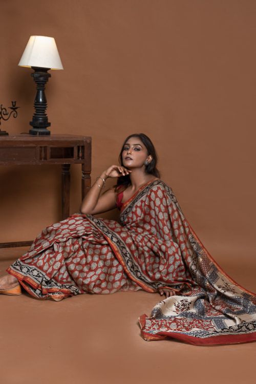 ICH Chanderi Elegance. Bagru Hand Block Printed Saree - Red & Beige Florets