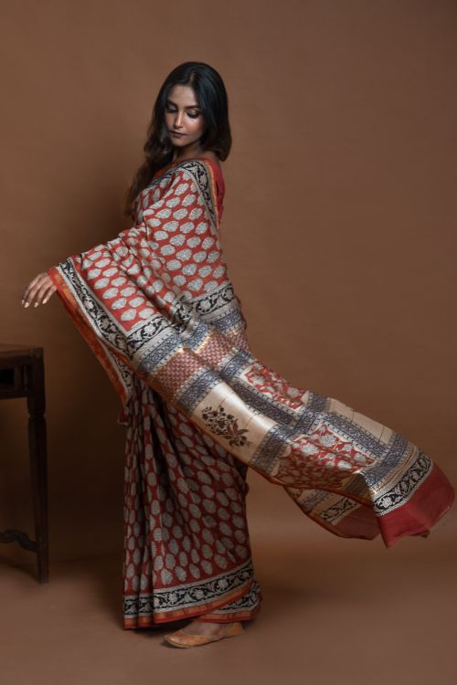 ICH Chanderi Elegance. Bagru Hand Block Printed Saree - Red & Beige Florets