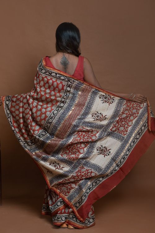 ICH Chanderi Elegance. Bagru Hand Block Printed Saree - Red & Beige Florets