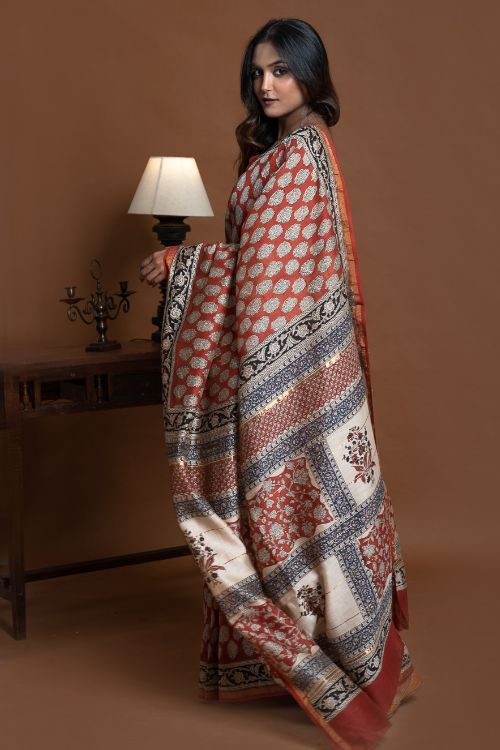 ICH Chanderi Elegance. Bagru Hand Block Printed Saree - Red & Beige Florets