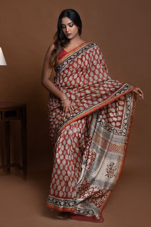 ICH Chanderi Elegance. Bagru Hand Block Printed Saree - Red & Beige Florets