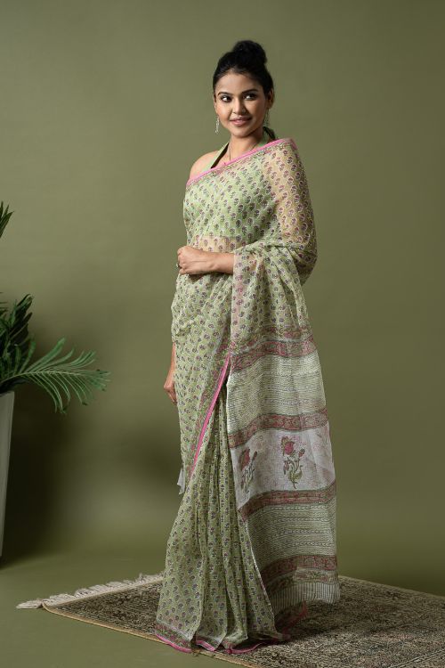 ICH Light & Breezy. Sanganeri Hand Block Printed Kota Doria - Green Floral