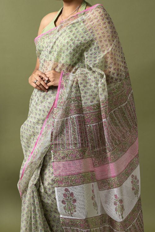ICH Light & Breezy. Sanganeri Hand Block Printed Kota Doria - Green Floral