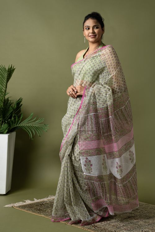 ICH Light & Breezy. Sanganeri Hand Block Printed Kota Doria - Green Floral