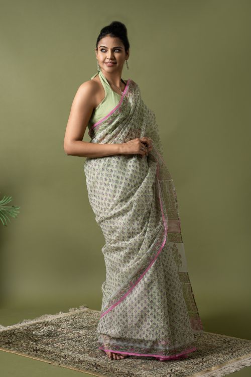 ICH Light & Breezy. Sanganeri Hand Block Printed Kota Doria - Green Floral
