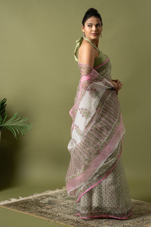 ICH Light & Breezy. Sanganeri Hand Block Printed Kota Doria - Green Floral