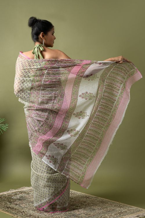 ICH Light & Breezy. Sanganeri Hand Block Printed Kota Doria - Green Floral
