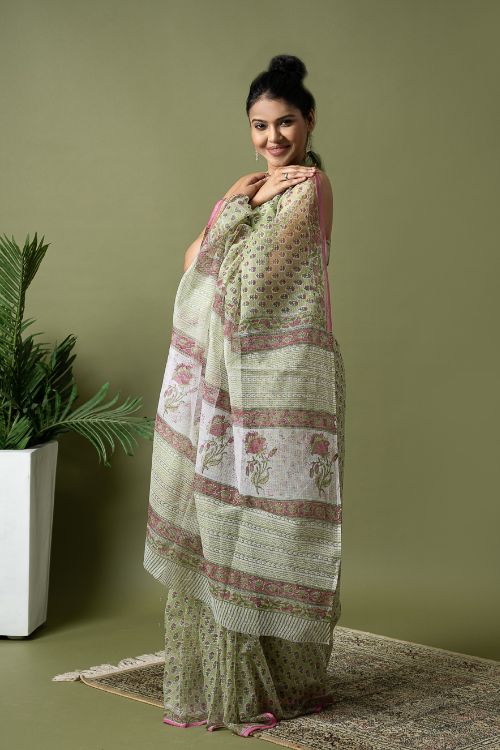 ICH Light & Breezy. Sanganeri Hand Block Printed Kota Doria - Green Floral