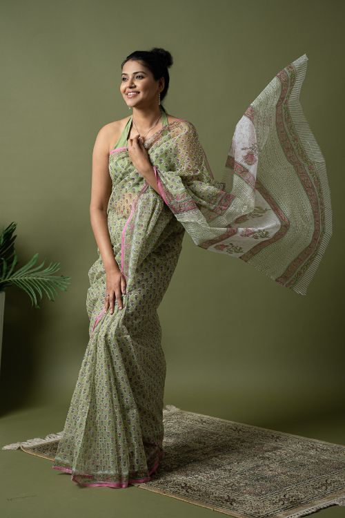 ICH Light & Breezy. Sanganeri Hand Block Printed Kota Doria - Green Floral