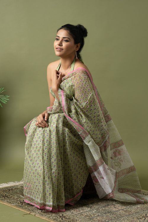 ICH Light & Breezy. Sanganeri Hand Block Printed Kota Doria - Green Floral