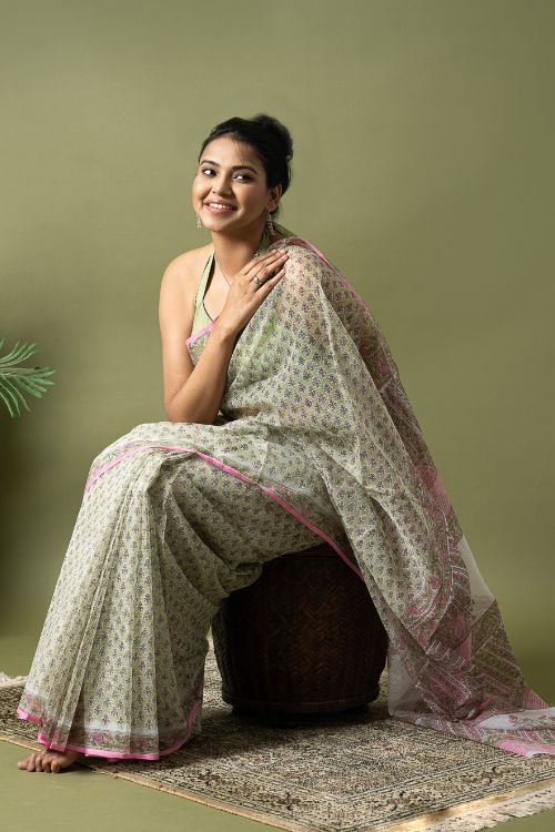 ICH Light & Breezy. Sanganeri Hand Block Printed Kota Doria - Green Floral