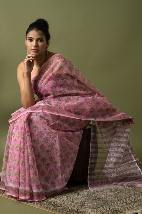 ICH Light & Breezy. Sanganeri Hand Block Printed Kota Doria - Pink Flora