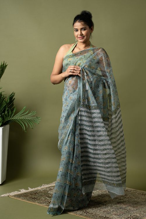 ICH Light & Breezy. Sanganeri Hand Block Printed Kota Doria - Teal Flora