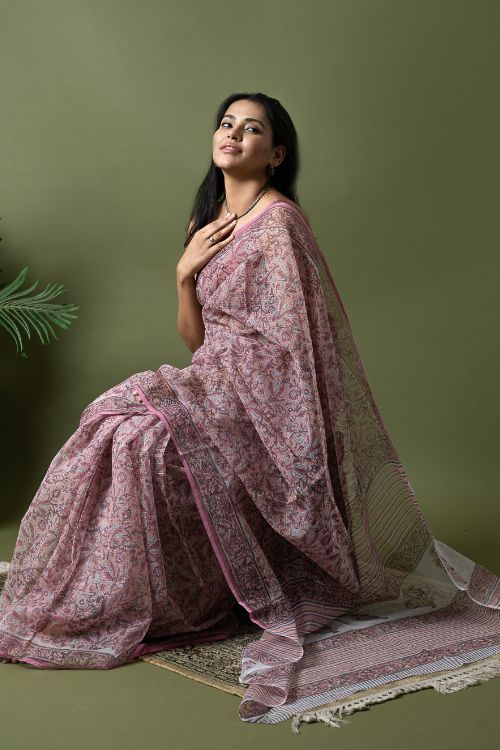 ICH Light & Breezy. Sanganeri Hand Block Printed Kota Doria - Pink Floral