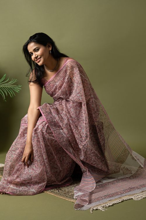 ICH Light & Breezy. Sanganeri Hand Block Printed Kota Doria - Pink Floral