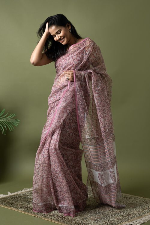 ICH Light & Breezy. Sanganeri Hand Block Printed Kota Doria - Pink Floral
